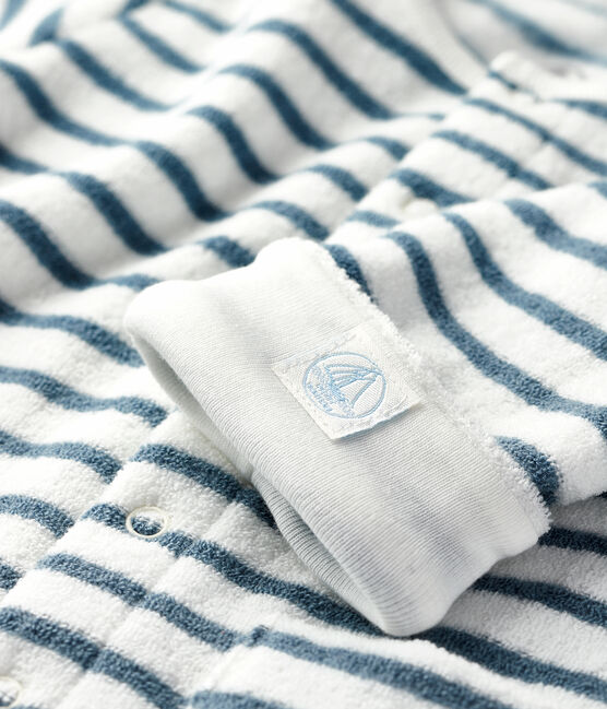 Langer Unisex-Overall aus angerautem, extra warmem Bouclé-Frottier mit Streifenmuster weiss MARSHMALLOW/blau ASTRO
