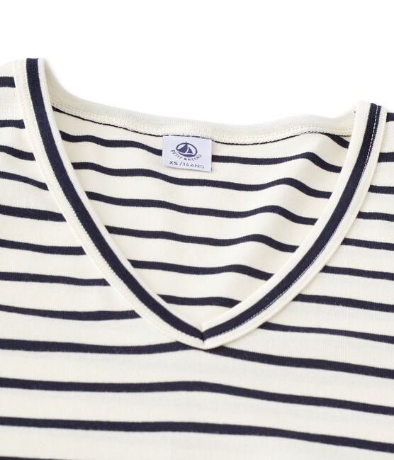 Gestreiftes Damen-Langarmshirt mit V-Ausschnitt beige COQUILLE/blau SMOKING