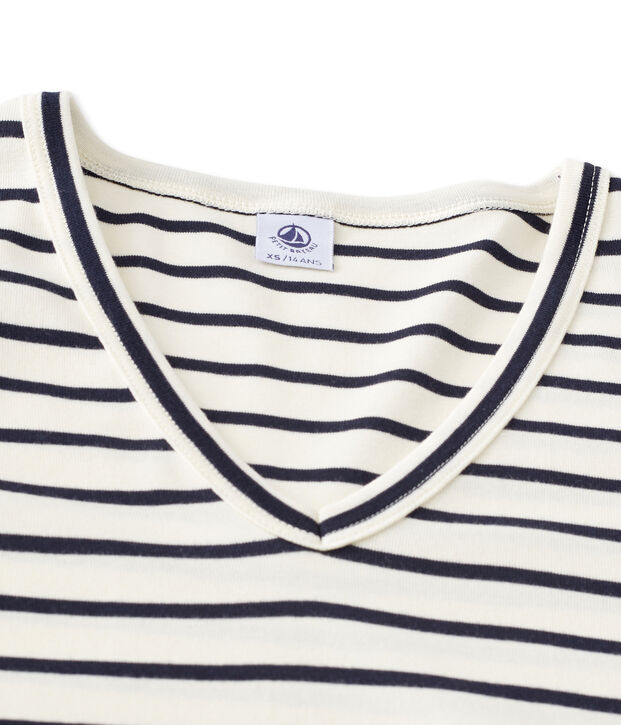 Gestreiftes Damen-Langarmshirt mit V-Ausschnitt weiss/blau