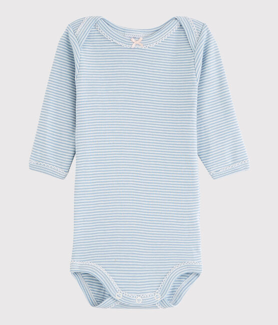 Langärmeliger Baby-Body Mädchen blau ACIER/weiss MARSHMALLOW