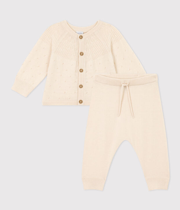 Baby-Set aus Woll- und Baumwoll-Strick naturfarben
