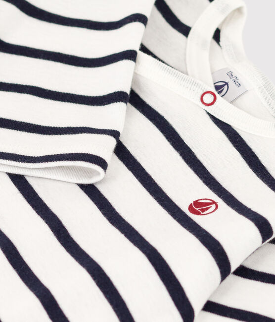 Gestreifter Baby-Pyjama aus Rippstrick weiss MARSHMALLOW/blau SMOKING