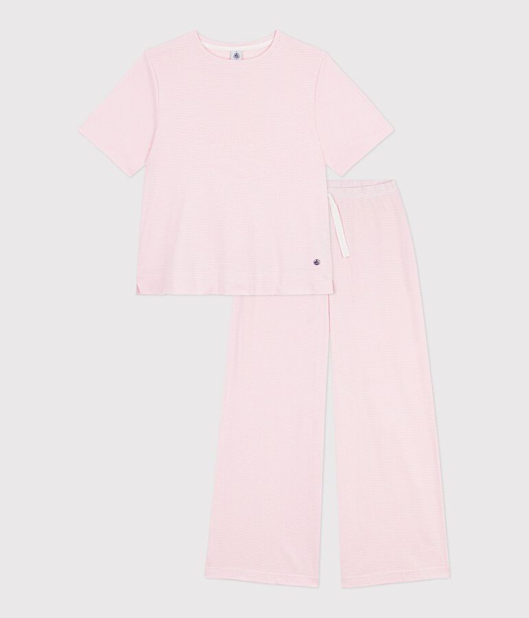 Damen-Pyjama aus Baumwolle mit weiten Beinen und Streifen rosa/weiss