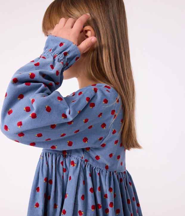 Lang&auml;rmeliges Kinder-Kleid aus bedrucktem Fein-Cord. blau/vielfarbig