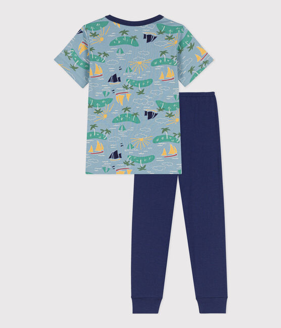 Kurzärmeliger Entdecker-Kinderpyjama aus Baumwolle für Jungen blau CHALOUPE/weiss MULTICO