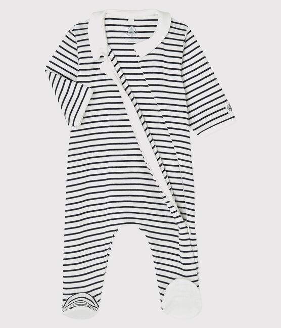 Baby-Strampler aus Bio-Baumwolle mit Marinestreifen weiss MARSHMALLOW/blau SMOKING