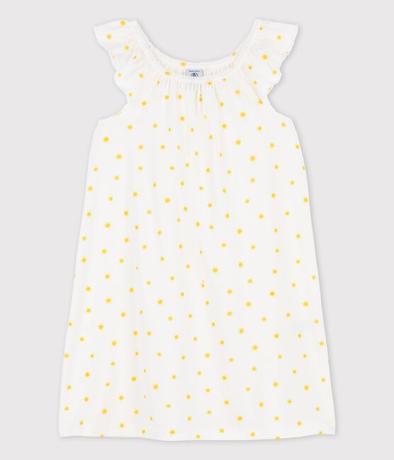 Kurzärmeliges Mädchen-Nachthemd aus Baumwolle mit Sonnenmotiven weiss MARSHMALLOW/ ORGE