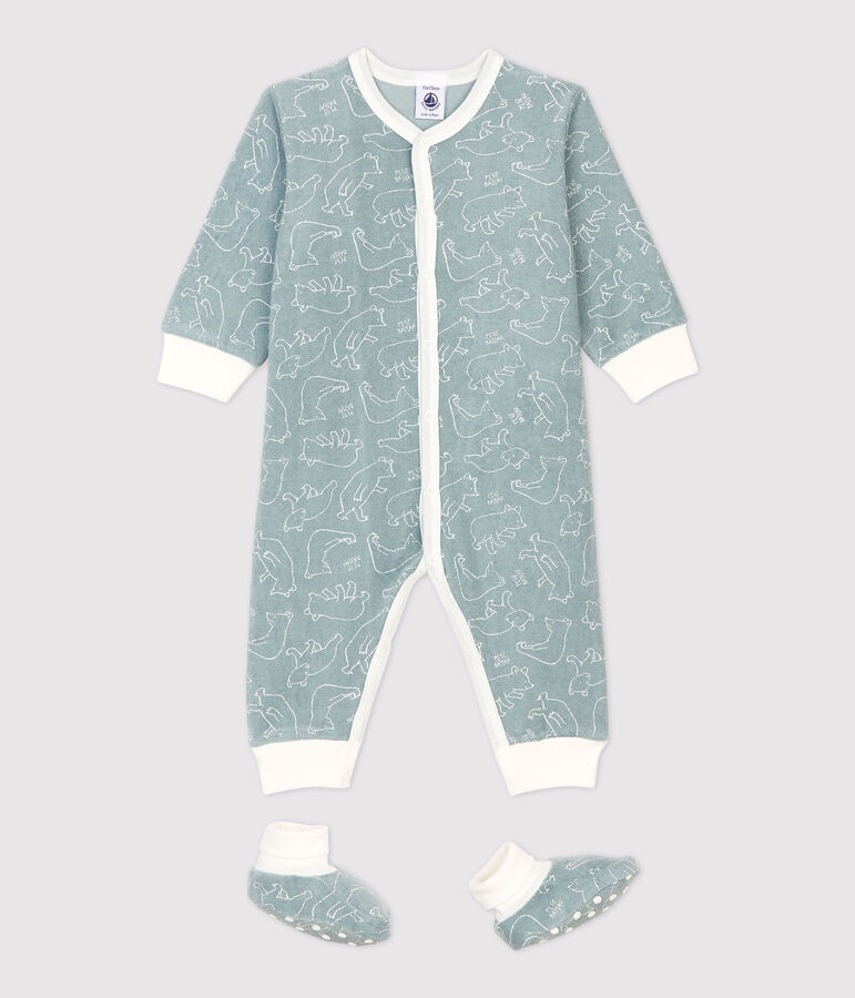 Baby-Schlaf-Set aus kuschelig weichem Boucl&eacute;-Frottee mit B&auml;ren-Muster grau/weiss