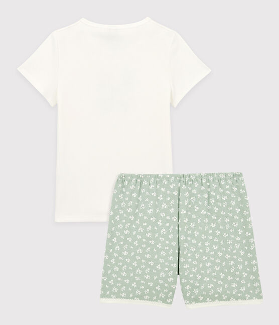 Kinder-Kurzpyjama aus Baumwolle mit Blumen für Mädchen weiss MARSHMALLOW/ HERBIER