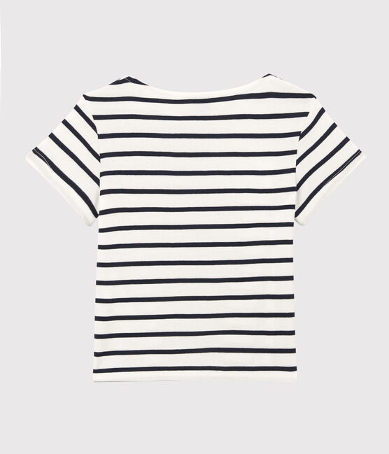 Kurzärmeliges T-Shirt aus Bio-Baumwolle für Mädchen weiss MARSHMALLOW/blau SMOKING