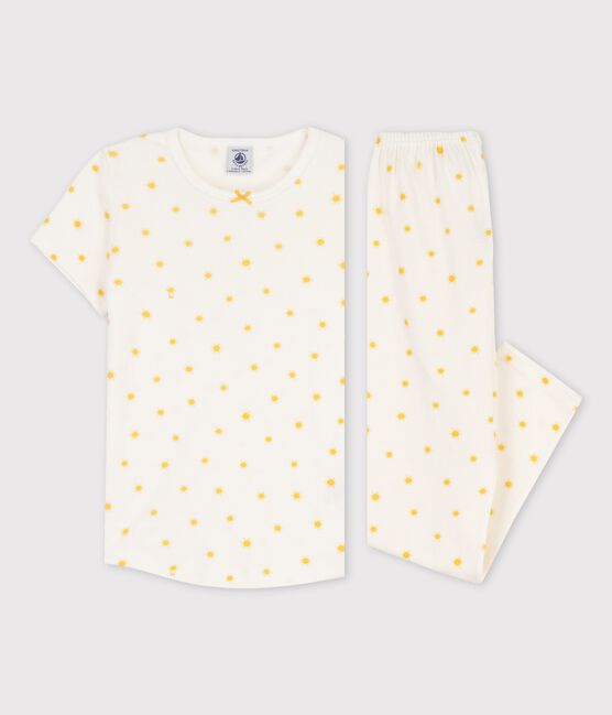 Kurzärmeliger Kinderpyjama aus Bio-Baumwolle mit Sonnemotiv für Mädchen weiss MARSHMALLOW/ ORGE