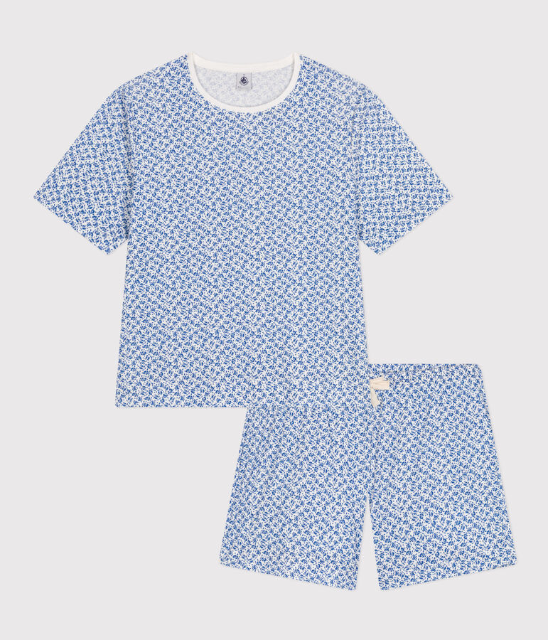 Damen-Pyjama, Shorts und T-Shirt aus Baumwolle mit Blumenmuster weiss/blau