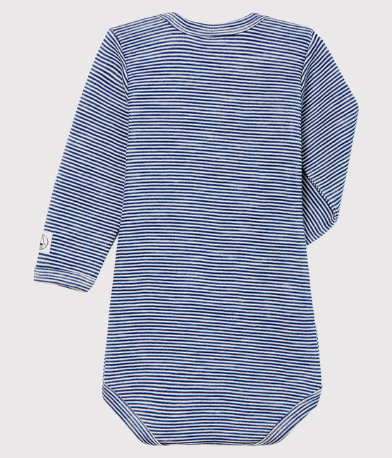 Langärmliger Baby-Body mit Streifen aus Wolle und Baumwolle blau MEDIEVAL/weiss MARSHMALLOW