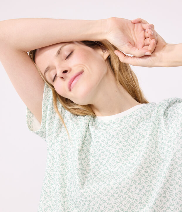 Damen-Kurzpyjama aus Baumwolle mit Blumenmotiv weiss/gr&uuml;n