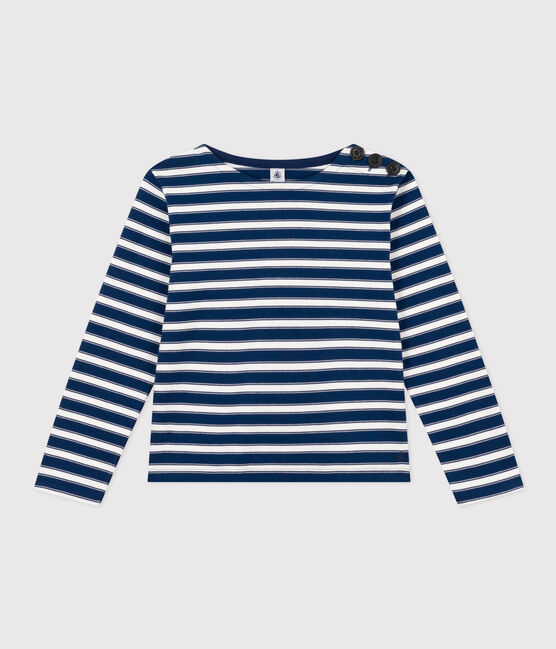 Geknöpftes Damen-Matrosenshirt aus Baumwolle blau MEDIEVAL/weiss MARSHMALLOW