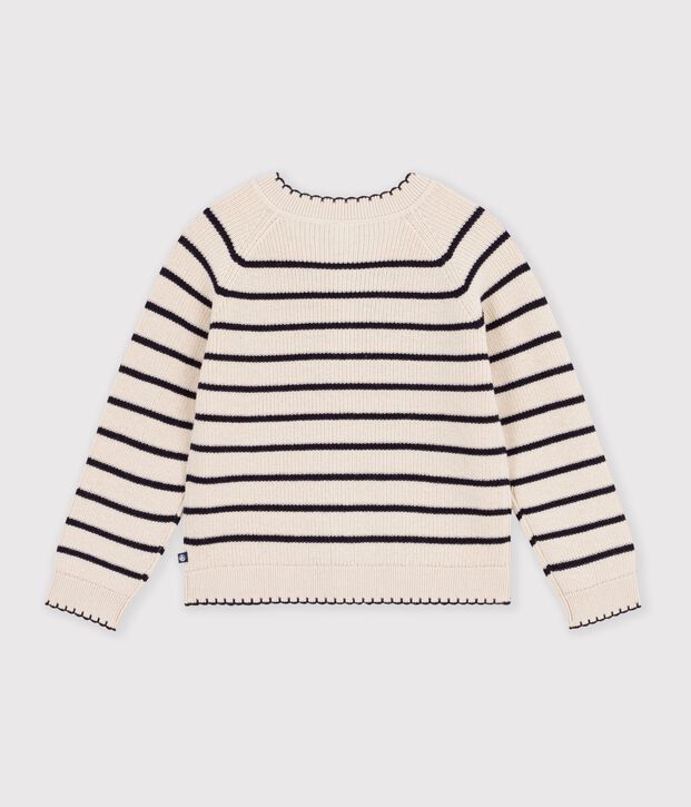 Kinder-Cardigan aus Baumwolle und Wolle mit Streifen naturfarben/blau