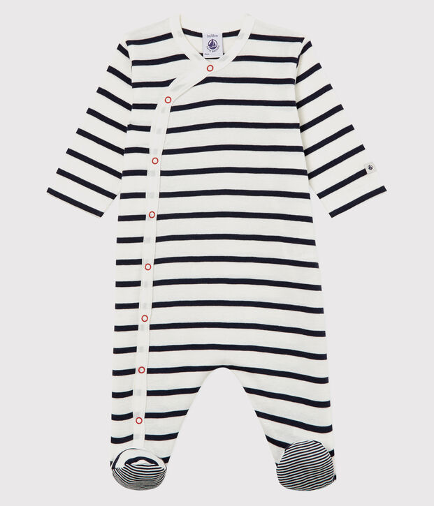 Baby-Strampler aus Rippstrick mit Streifen weiss/blau