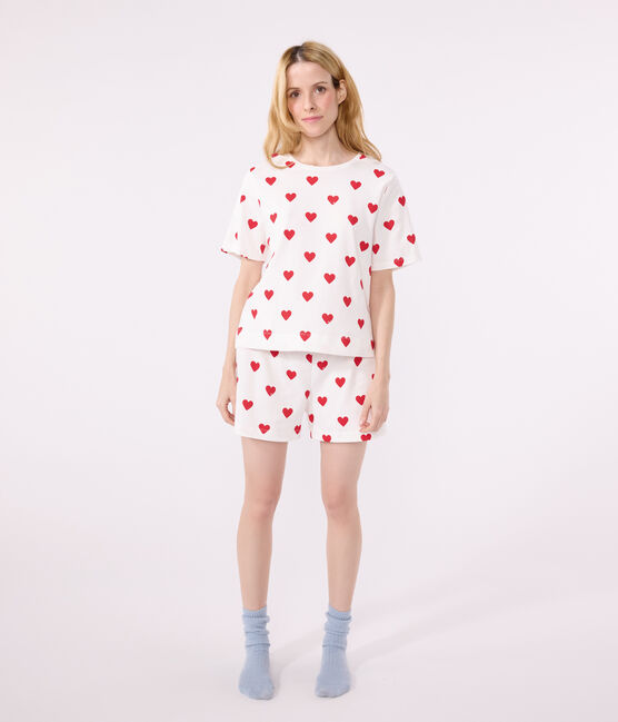 Kurz-Pyjama aus Baumwolle für Damen weiss MARSHMALLOW/rot TERKUIT