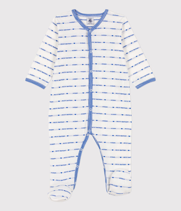 Strampler aus Baumwoll-Jacquard weiss/blau