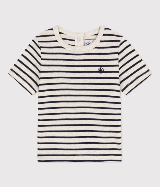 Kurzärmeliges Baby-T-Shirt aus gestreifter Baumwolle beige MONTELIMAR/blau SMOKING