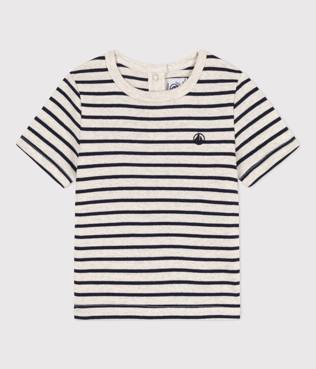 Kurz&auml;rmeliges Baby-T-Shirt aus gestreifter Baumwolle beige/blau
