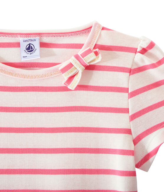 Geringeltes Mädchen-T-Shirt weiss MARSHMALLOW/rosa PETAL