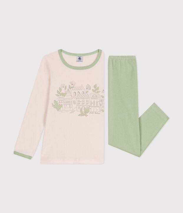 Lang&auml;rmeliger Pyjama f&uuml;r M&auml;dchen aus Baumwolle beige/gr&uuml;n