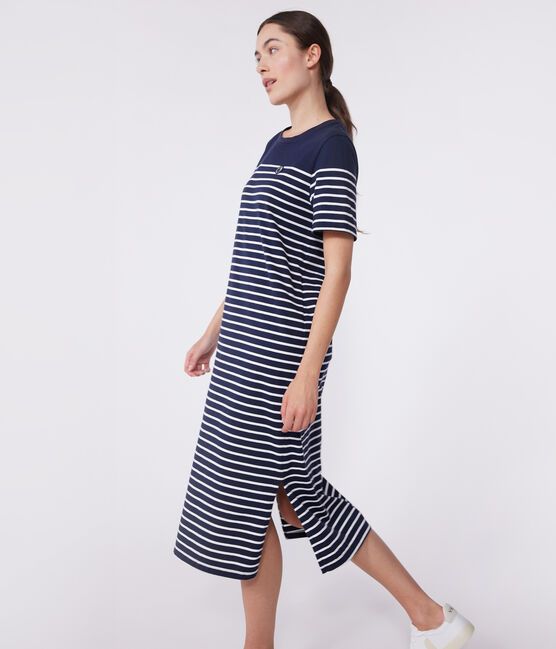 Langes Damen-Kleid aus Baumwolle mit Streifen blau SMOKING/weiss MARSHMALLOW