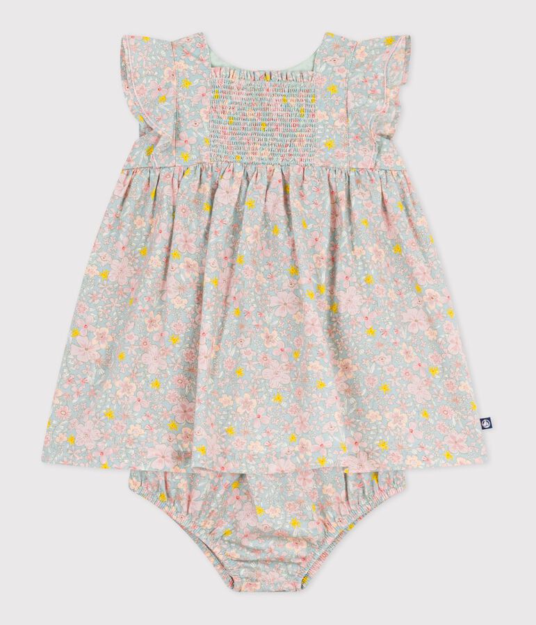 Kurz&auml;rmeliges Babykleid aus Baumwolle und dazu passender Bloomer mit Blumenmuster SPRAY/ MULTICO
