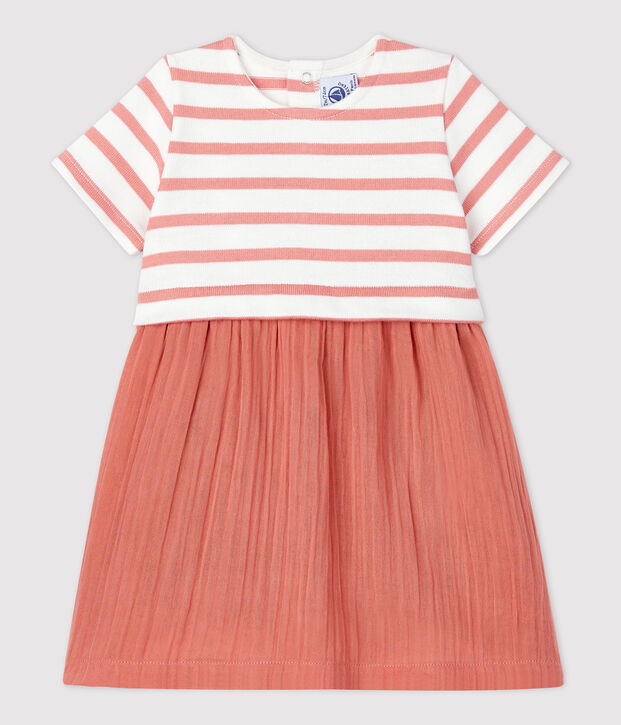 Bio-Babykleid aus Musselin und dichtem Jersey weiss/rosa