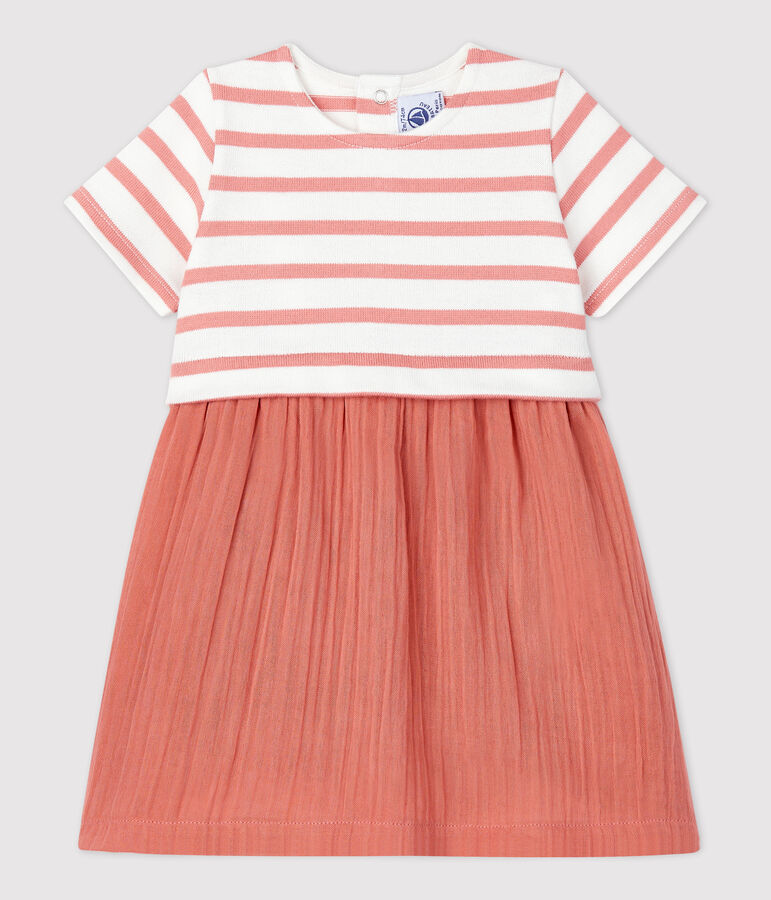 Bio-Babykleid aus Musselin und dichtem Jersey weiss/rosa