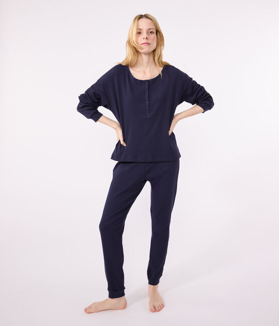 Damen-Pyjama aus einfarbiger Baumwolle blau SMOKING