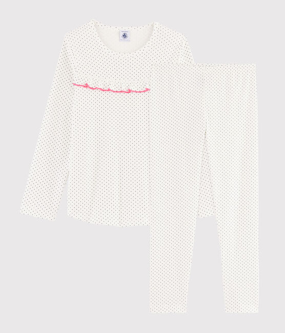 Kinderpyjama aus Rippstrick mit Punkten für Mädchen weiss MARSHMALLOW/blau MEDIEVAL