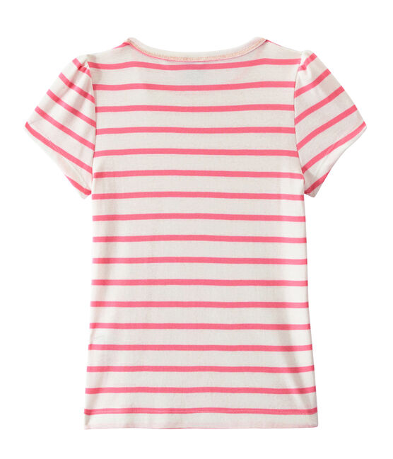 Geringeltes Mädchen-T-Shirt weiss MARSHMALLOW/rosa PETAL