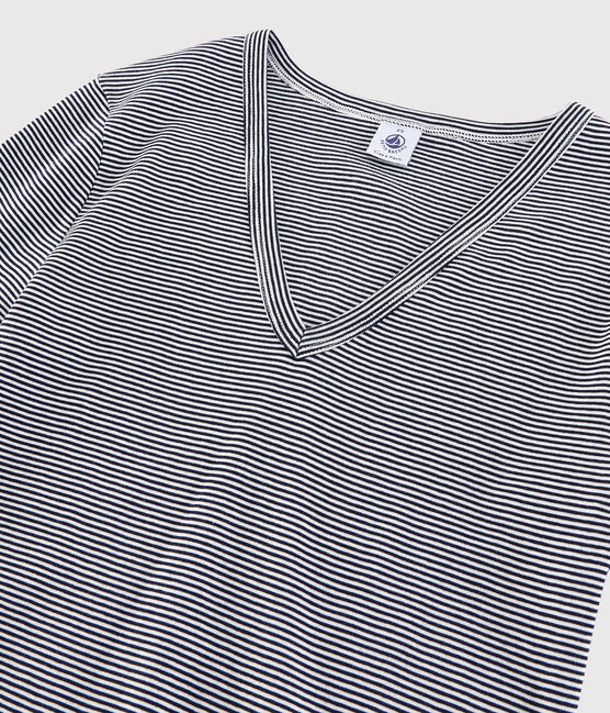 Damen-T-Shirt aus Baumwolle mit V-Ausschnitt blau SMOKING/weiss MARSHMALLOW
