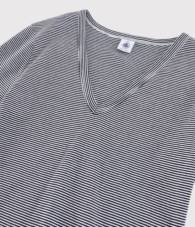 Klassisches Damen-T-Shirt mit V-Ausschnitt aus gestreifter Baumwolle blau/weiss