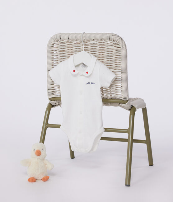 Kurzärmeliger Newborn-Body mit Kragen aus Baumwolle weiss MARSHMALLOW