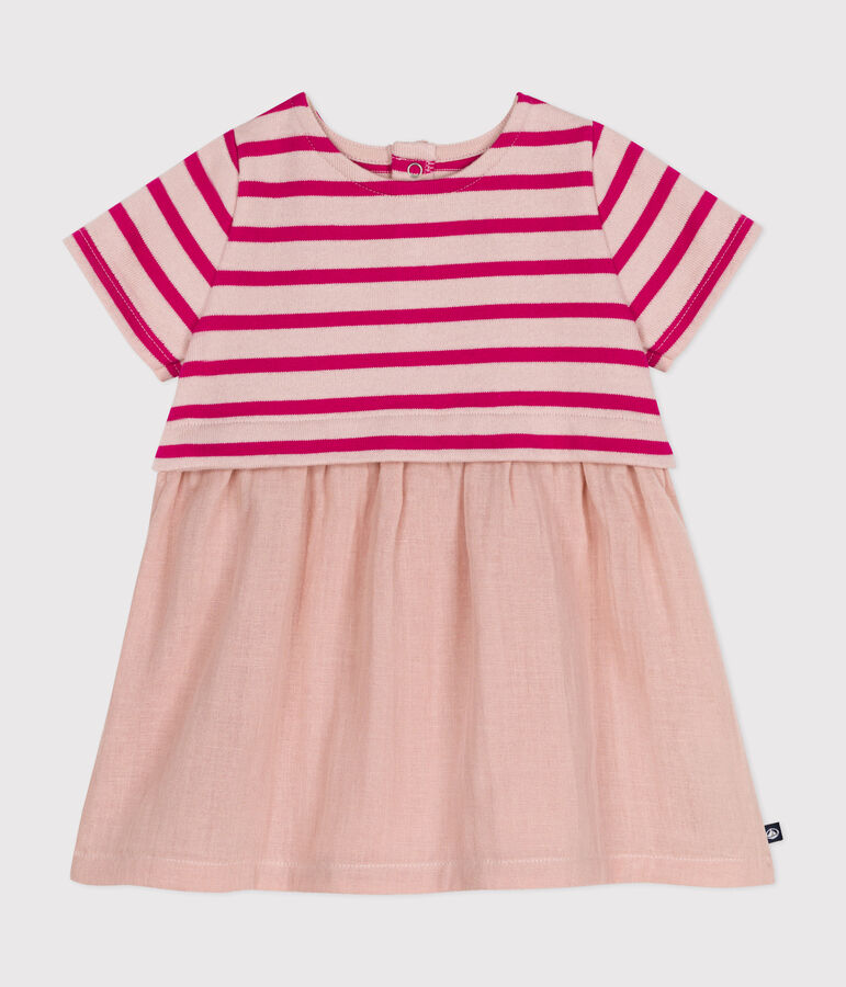 Kurz&auml;rmeliges Babykleid aus dickem Jersey und Musselin rosa/rosa