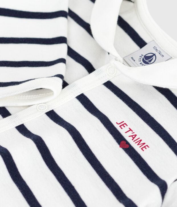 Strampler ohne F&uuml;&szlig;chen mit U-Boot-Kragen aus gestreifter Baumwolle weiss/blau