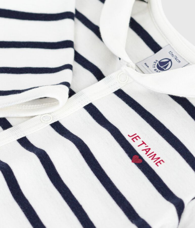 Strampler ohne F&uuml;&szlig;chen mit U-Boot-Kragen aus gestreifter Baumwolle weiss/blau