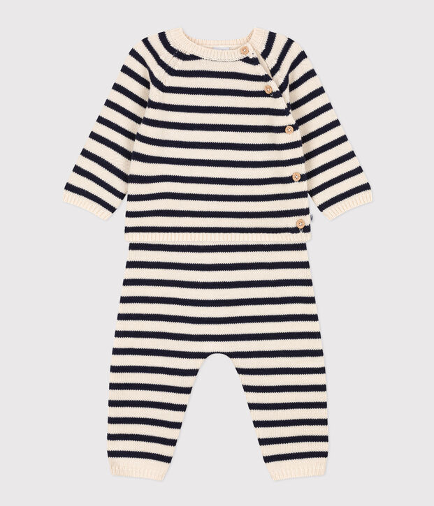 Baby-Set aus Woll- und Baumwoll-Strick mit Marinestreifen naturfarben/blau