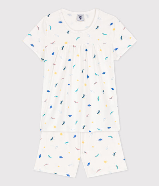 Kinder-Kurzpyjama aus Baumwolle mit Meerestier-Motiv für Mädchen weiss MARSHMALLOW/weiss MULTICO