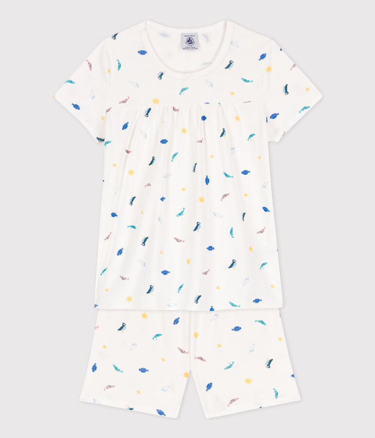 Kinder-Kurzpyjama aus Baumwolle mit Meerestier-Motiv f&uuml;r M&auml;dchen weiss/vielfarbig