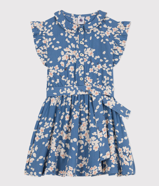 Ärmelloses Kinder-Kleid aus Popeline mit Blumenmuster für Mädchen blau BEACH/ MULTICO