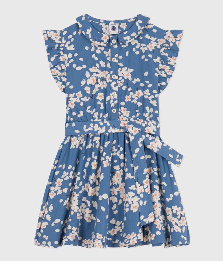 &Auml;rmelloses Kinder-Kleid aus Popeline mit Blumenmuster f&uuml;r M&auml;dchen blau/vielfarbig