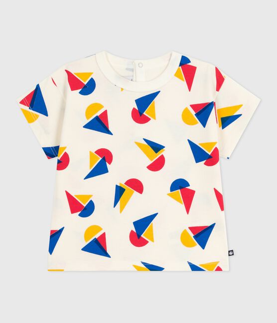 Kurzärmeliges Baby-T-Shirt aus Baumwolle mit Schiffchenmuster MILK/ MULTICO