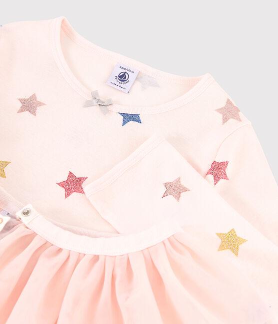 Kinderpyjama aus Rippstrick als Tänzerinnen-Kostüm für Mädchen rosa FLEUR/weiss MULTICO