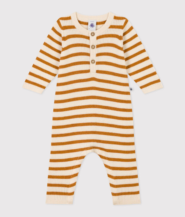 Gestreifter Baby-Overall aus Strick naturfarben/braun
