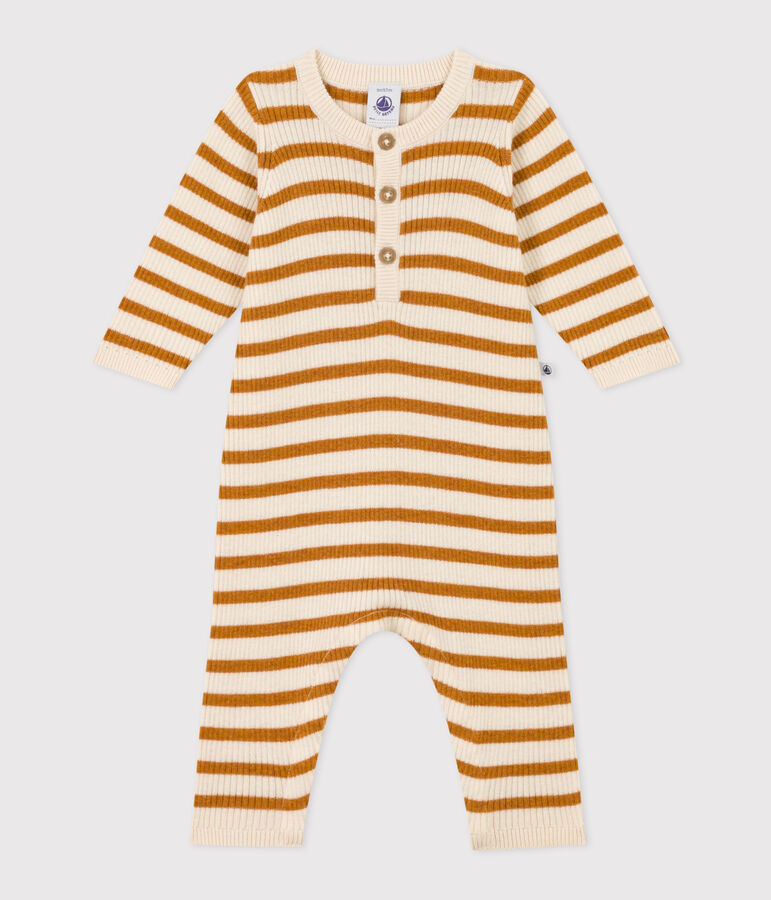 Gestreifter Baby-Overall aus Strick naturfarben/braun