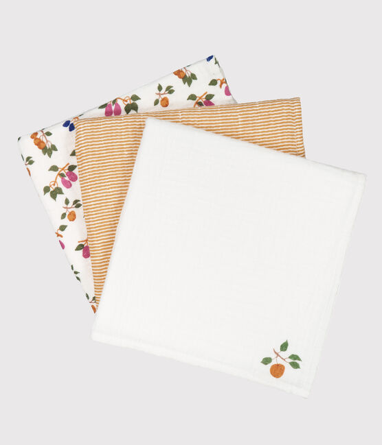 3er-Set Baby-Wickeltücher mit Obstmotiv und Ringelstreifen MARSHMALLOW/ BOUDOR/ MULTICO